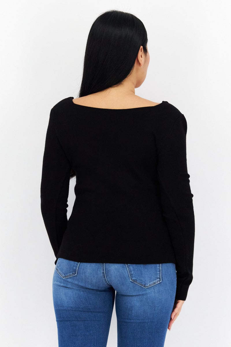 COMMA Women Square Neck Long Sleeves Plain Sweatshirts, Black - Image 2