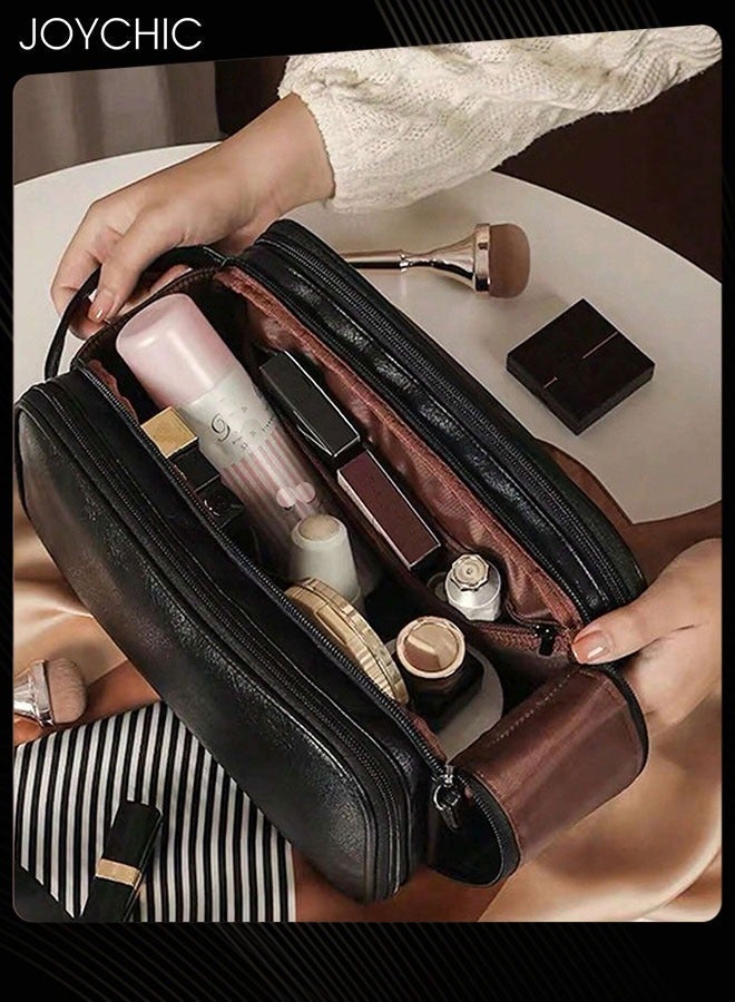 Joychic حقيبة مستحضرات تجميل متعددة الوظائف بتصميم فتح على شكل حرف Z بسحاب مزدوج، مقاومة للماء، بسعة كبيرة، محمولة للسفر، حقيبة تخزين أدوات التجميل مصنفة، سوداء - Image 2