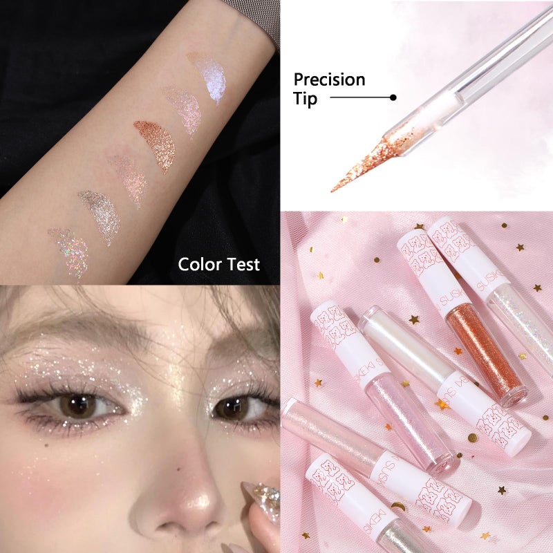 SUSIKEKI 6Pcs Liquid Glitter Eyeshadow Eyeliner, Korean Makeup, Bling Under Eye Shadow, Shimmer Eye Make Up Valentine's Gift Set,Long Lasting,Quick Drying & Pigmented Loose Glitter Glue for Crystals Makeup - Image 2
