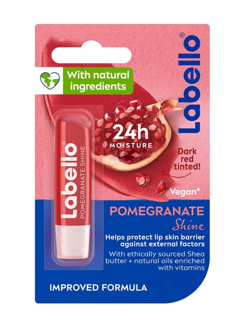 Labello Pomegranate Shine Lip Balm, 24H Melt-In Moisture, with Shea Butter and Natural Oils Enriched with Vitamins, with Natural Ingredients, Mineral Oil Free, Vegan, 4.8g