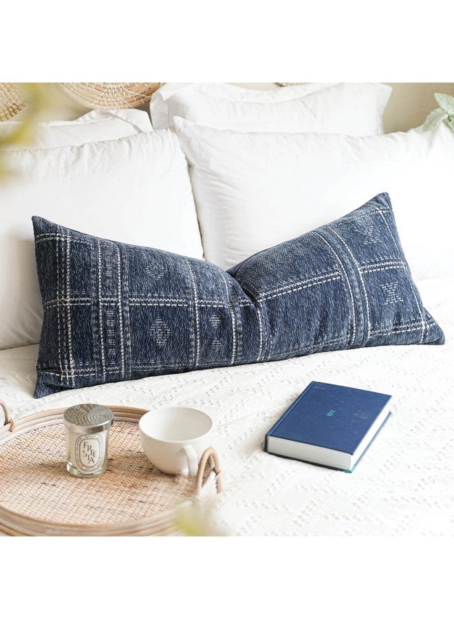 BlissBlush BlissBlush Dark Blue Boho Lumbar Throw Pillow Cover 14X36, Decorative Long Accent Body Pillow for Bed, Farmhouse Woven Textured Pillowcase for Couch (Cover ONLY)  - Image 1