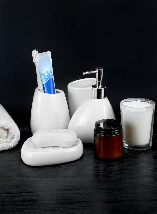 QWORK Elegant White Ceramic Bathroom Accessory Set - Modern Teardrop-Shaped 4-Piece Ensemble - Includes Soap Dispenser, Tumbler, Toothbrush Holder, and Soap Dish for Stylish Home Decor - Image 2