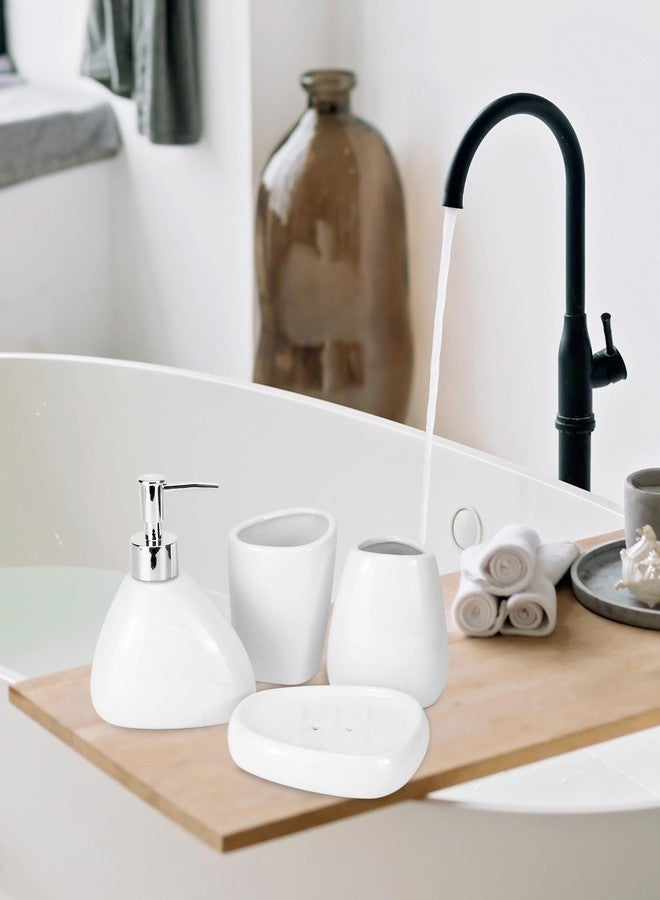 QWORK Elegant White Ceramic Bathroom Accessory Set - Modern Teardrop-Shaped 4-Piece Ensemble - Includes Soap Dispenser, Tumbler, Toothbrush Holder, and Soap Dish for Stylish Home Decor - Image 3