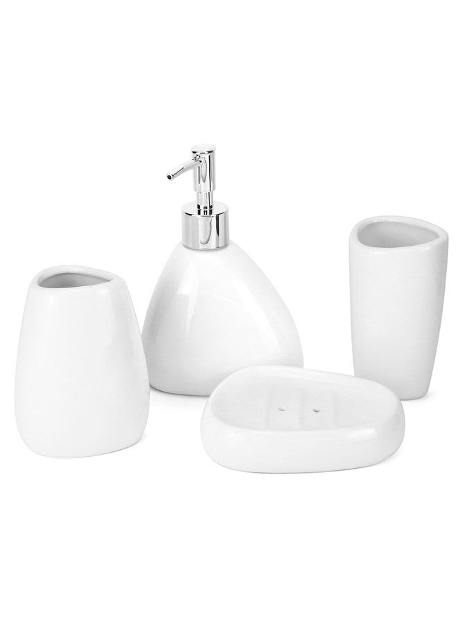 QWORK Elegant White Ceramic Bathroom Accessory Set - Modern Teardrop-Shaped 4-Piece Ensemble - Includes Soap Dispenser, Tumbler, Toothbrush Holder, and Soap Dish for Stylish Home Decor - Image 1