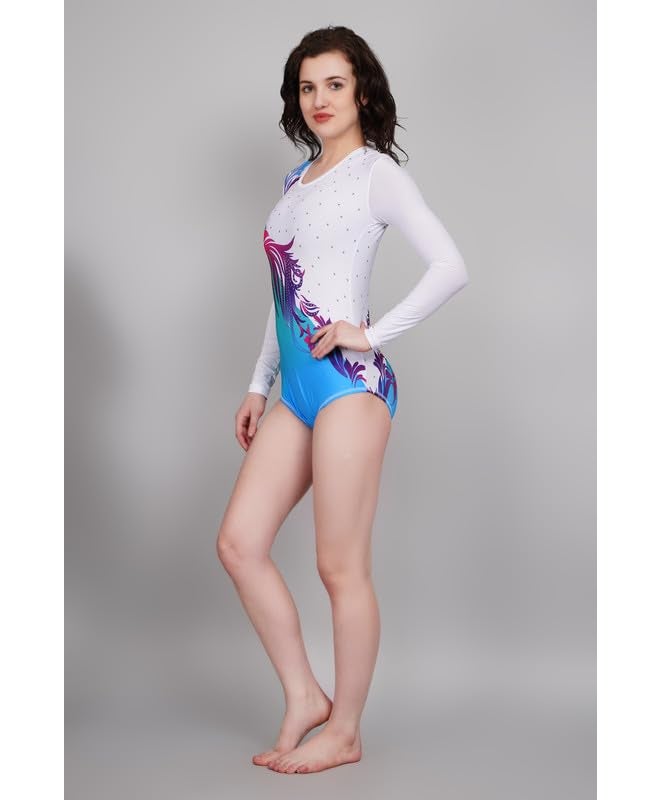 Sports Swades Girls & Women White Leotard with Purple Accents – Stretchable Nylon Lycra Bodysuit for Gymnastics, Yoga, Ballet, Dance, Skating, Mallakhamb, Acro & Rope Mallakhamb - Image 2