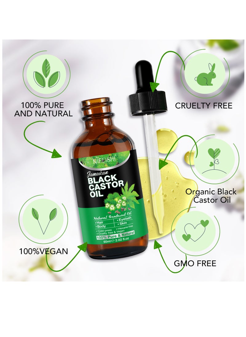 NIFEISHI - Organic Castor Oil 60ml Pure Natural Massage Oil Cold Pressed Jamaican Black Castor Oil for Detox Compress Wrap Hair Growth Oil Hair Eyelash Oil Nourish Scalp Dry Skin Moisturizer Carrier Oil - Image 1