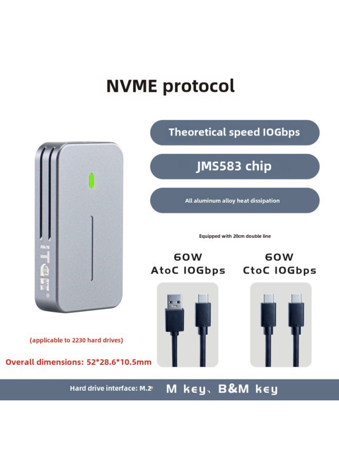 Itgz 2230 Aluminum Alloy M.2 Solid State Drive Box Dual Protocol 10gbps Nvme/ngff High Speed Cooling Computer Digital Storage-Color:【JMS583 NVMe Protocol 10G】 With Two Lines - Image 1