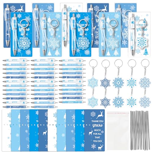 ANGOLIO Winter Snowflake Gifts Bulk 230Pcs Winter Snowflake Bookmarks Ballpoint Pens Keychains Employee Christmas Appreciation Gifts, Classroom Office Home Party Supplies Thank You Gift for Kid Adult - Image 1