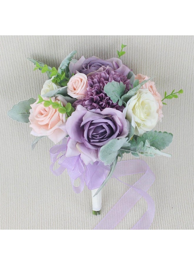 Rinlong 9" Wedding Bouquet for Bride Bridal Bridesmaid Artificial Flowers Pastel Purple Silk Tossing Wedding Prom Bouquet - Image 3