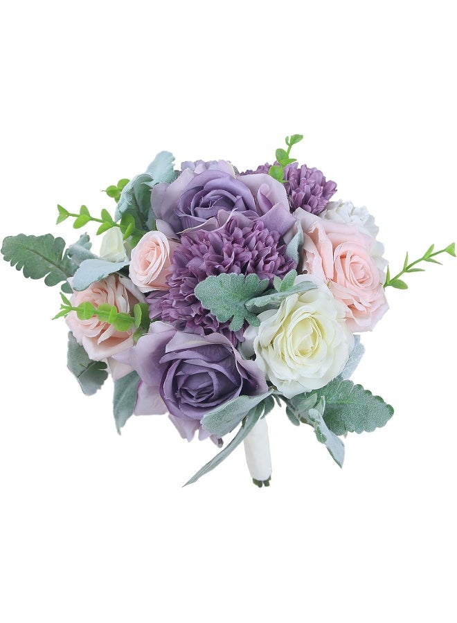 Rinlong 9" Wedding Bouquet for Bride Bridal Bridesmaid Artificial Flowers Pastel Purple Silk Tossing Wedding Prom Bouquet - Image 1