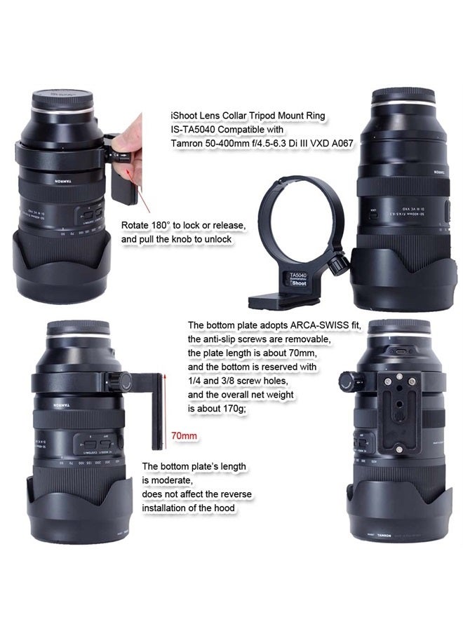 iShoot Metal Lens Collar Tripod Mount Ring Compatible with Tamron 50-400mm f/4.5-6.3 Di III VXD A067, Lens Support Holder Bracket Bottom is Arca-Swiss Fit Quick Release Plate Dovetail Groove - Image 4