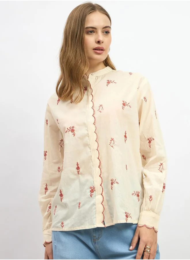 Styli Embroidered Scalloped Detail Mandarin Collar Top