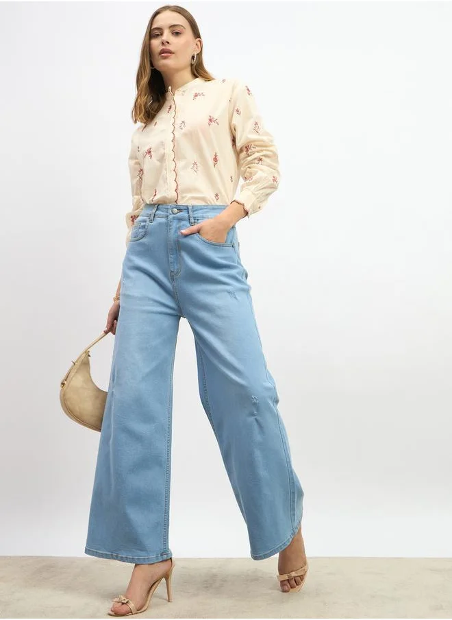 Styli Embroidered Scalloped Detail Mandarin Collar Top