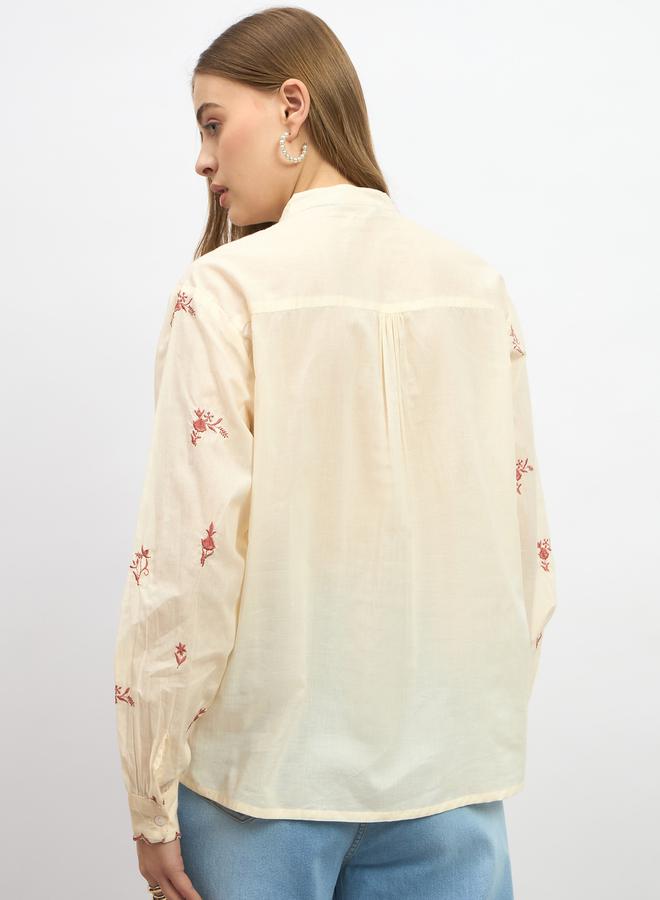 Styli Embroidered Scalloped Detail Mandarin Collar Top - Image 5