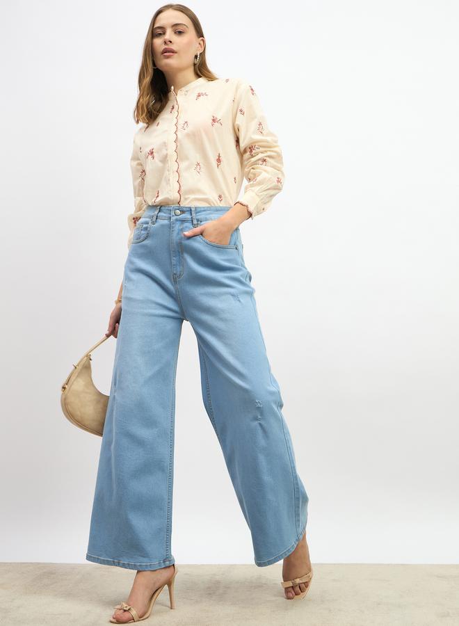 Styli Embroidered Scalloped Detail Mandarin Collar Top - Image 1