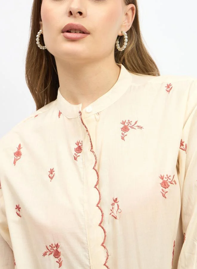 Styli Embroidered Scalloped Detail Mandarin Collar Top