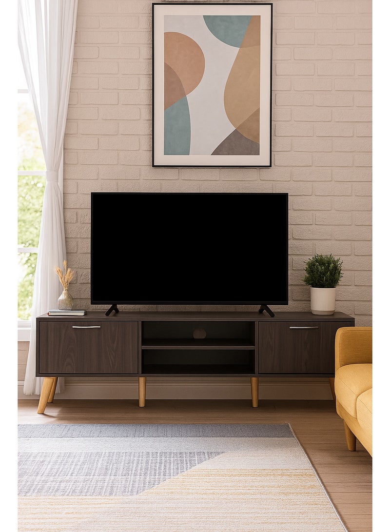 AFT Slim Minimalist Design TV Cabinet / Table / stand with Two Doors and Sturdy Wooden Legs, Perfect for Modern Living Rooms and Entertainment Spaces, Ideal for Home Theaters and Media Rooms, Offering Stylish Storage Solutions for TVs Up to 70 Inches. Rustic Farmhouse TV Cabinet with Two Doors and Beautifully Crafted Wooden Legs, Perfect for Adding Charm to Any Home Décor.  (Dark Brown Wangi) Arfan - Image 1