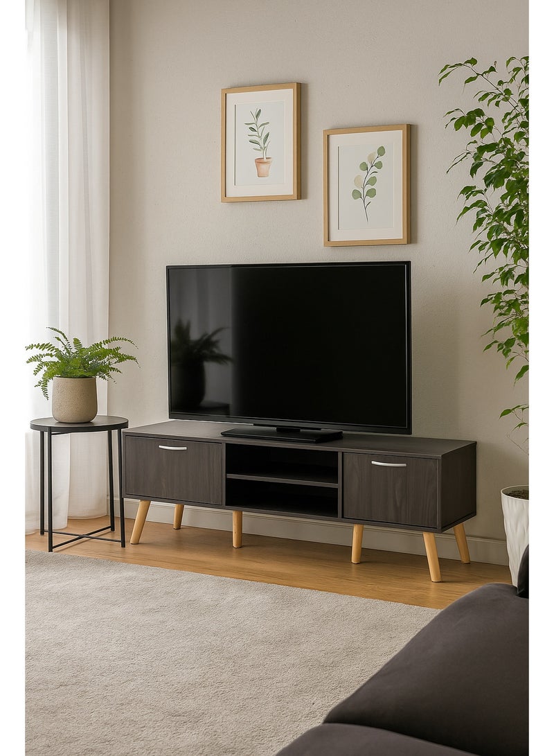 AFT Slim Minimalist Design TV Cabinet / Table / stand with Two Doors and Sturdy Wooden Legs, Perfect for Modern Living Rooms and Entertainment Spaces, Ideal for Home Theaters and Media Rooms, Offering Stylish Storage Solutions for TVs Up to 70 Inches. Rustic Farmhouse TV Cabinet with Two Doors and Beautifully Crafted Wooden Legs, Perfect for Adding Charm to Any Home Décor.  (Dark Brown Wangi) Arfan - Image 2