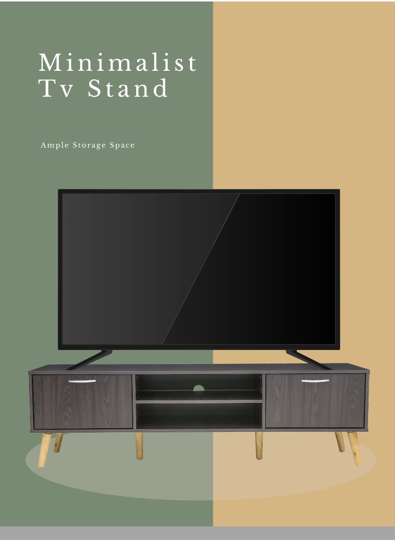 AFT - Slim Minimalist Design TV Cabinet / Table / stand with Two Doors and Sturdy Wooden Legs, Perfect for Modern Living Rooms and Entertainment Spaces, Ideal for Home Theaters and Media Rooms, Offering Stylish Storage Solutions for TVs Up to 70 Inches. Rustic Farmhouse TV Cabinet with Two Doors and Beautifully Crafted Wooden Legs, Perfect for Adding Charm to Any Home Décor.  (Dark Brown Wangi) Arfan - Image 1