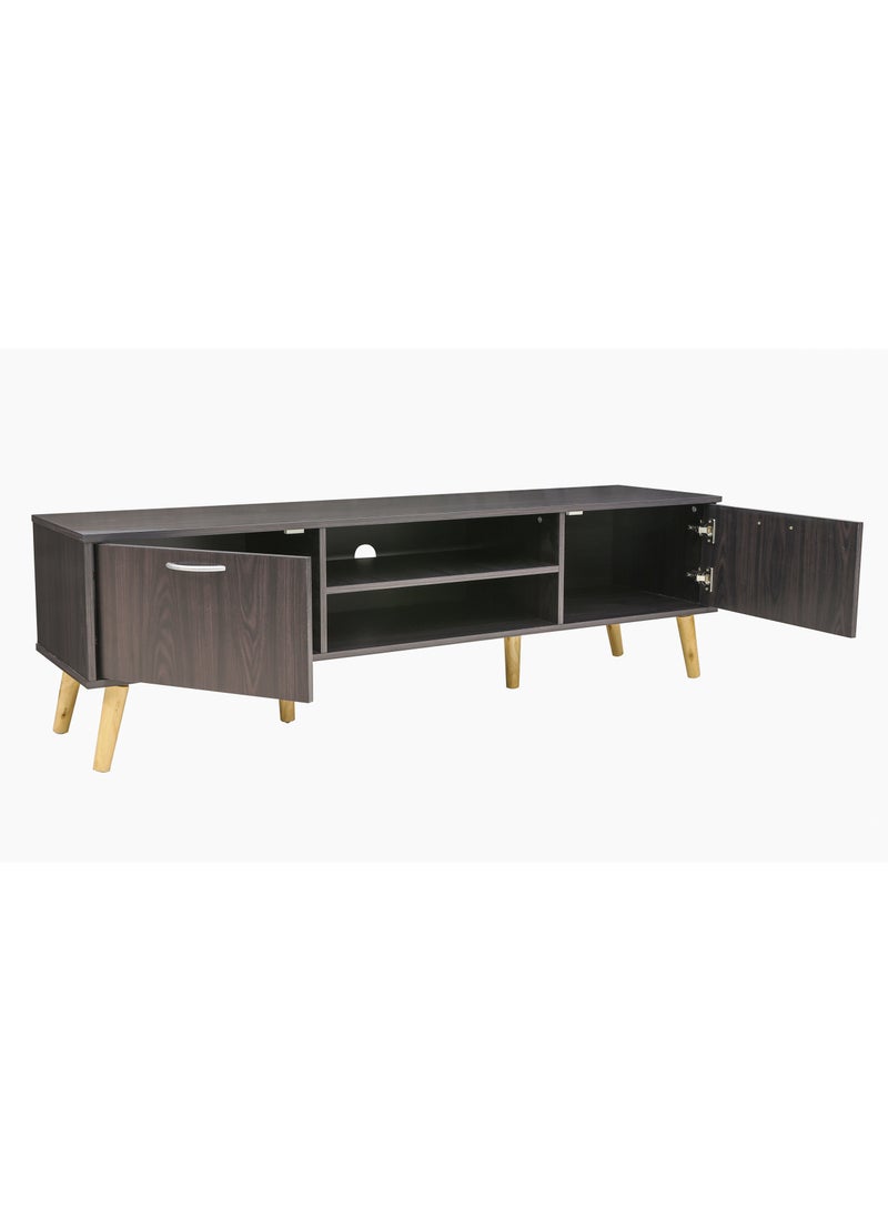 AFT - Slim Minimalist Design TV Cabinet / Table / stand with Two Doors and Sturdy Wooden Legs, Perfect for Modern Living Rooms and Entertainment Spaces, Ideal for Home Theaters and Media Rooms, Offering Stylish Storage Solutions for TVs Up to 70 Inches. Rustic Farmhouse TV Cabinet with Two Doors and Beautifully Crafted Wooden Legs, Perfect for Adding Charm to Any Home Décor.  (Dark Brown Wangi) Arfan - Image 1