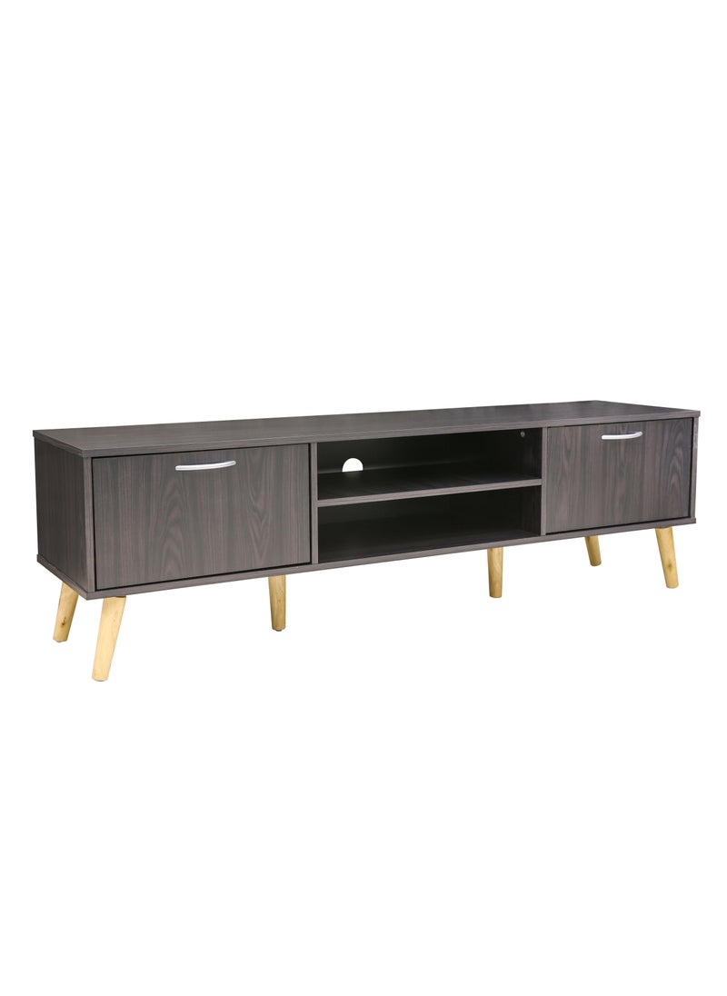 AFT - Slim Minimalist Design TV Cabinet / Table / stand with Two Doors and Sturdy Wooden Legs, Perfect for Modern Living Rooms and Entertainment Spaces, Ideal for Home Theaters and Media Rooms, Offering Stylish Storage Solutions for TVs Up to 70 Inches. Rustic Farmhouse TV Cabinet with Two Doors and Beautifully Crafted Wooden Legs, Perfect for Adding Charm to Any Home Décor.  (Dark Brown Wangi) Arfan - Image 1