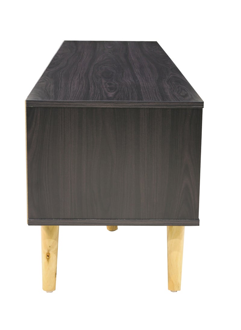 AFT - Slim Minimalist Design TV Cabinet / Table / stand with Two Doors and Sturdy Wooden Legs, Perfect for Modern Living Rooms and Entertainment Spaces, Ideal for Home Theaters and Media Rooms, Offering Stylish Storage Solutions for TVs Up to 70 Inches. Rustic Farmhouse TV Cabinet with Two Doors and Beautifully Crafted Wooden Legs, Perfect for Adding Charm to Any Home Décor.  (Dark Brown Wangi) Arfan - Image 1