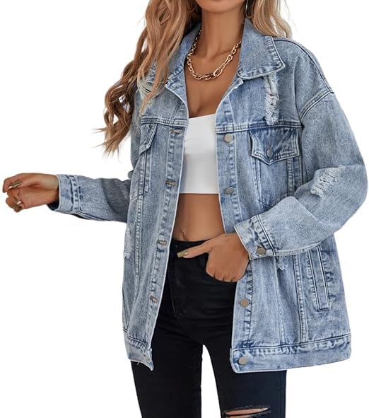 LifeShe Women's long oversized denim jacket boyfriend ripped distressed jean jackets coat - Image 4