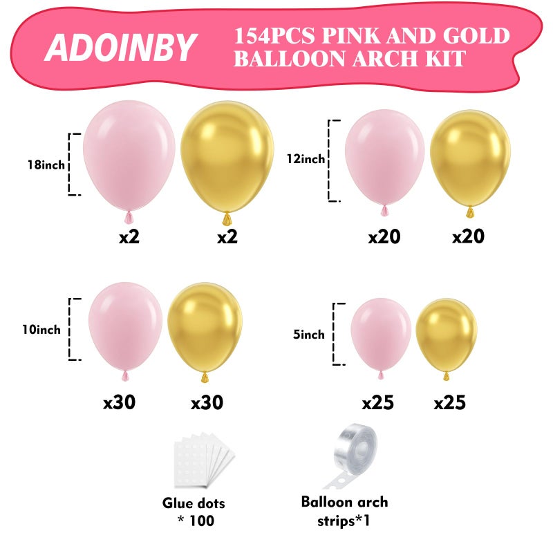 ADOINBY Pink and Gold Balloon Arch Kit, 154Pcs Baby Pink Metallic Gold Latex Balloon Garland kit, 18 12 10 5 Inch Different Size Balloons for Birthday Galentine's Day Valentine's Day Party Decorations - Image 2