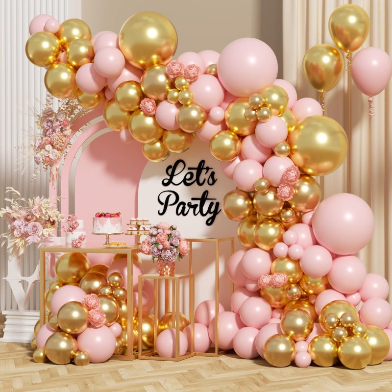 ADOINBY Pink and Gold Balloon Arch Kit, 154Pcs Baby Pink Metallic Gold Latex Balloon Garland kit, 18 12 10 5 Inch Different Size Balloons for Birthday Galentine's Day Valentine's Day Party Decorations - Image 1