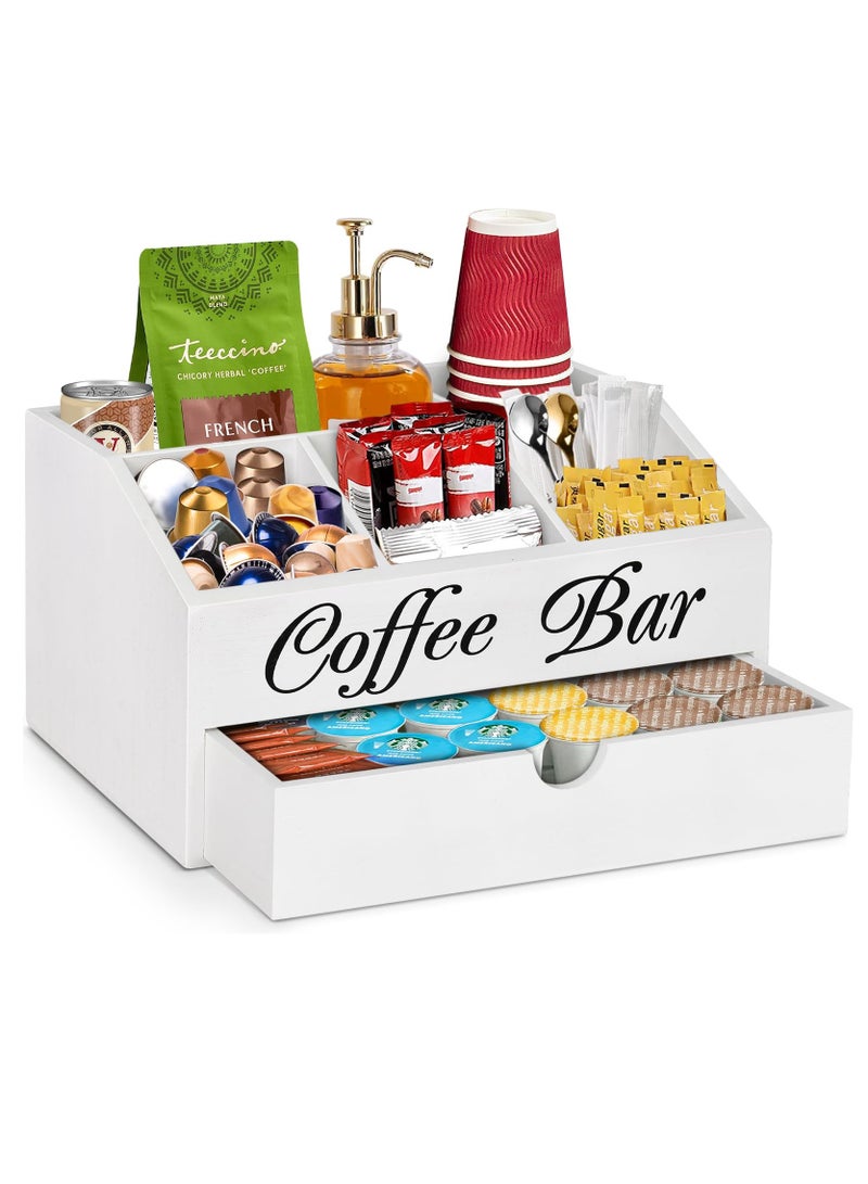 XiuWoo Coffee Bar Organizer Countertop, Wooden Coffee Bar Accessories Organizer With Drawer, Coffee Station Organizer Coffee Pods Holder Storage Basket, Farmhouse Coffee and Tea Condiment Organizer Station - Image 1