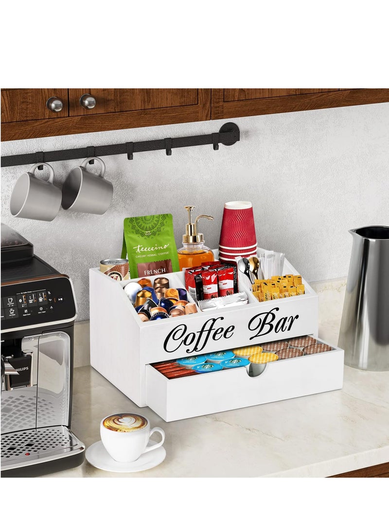 XiuWoo Coffee Bar Organizer Countertop, Wooden Coffee Bar Accessories Organizer With Drawer, Coffee Station Organizer Coffee Pods Holder Storage Basket, Farmhouse Coffee and Tea Condiment Organizer Station - Image 2
