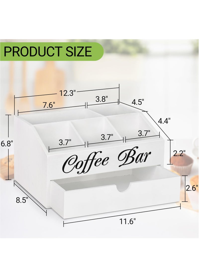 XiuWoo Coffee Bar Organizer Countertop, Wooden Coffee Bar Accessories Organizer With Drawer, Coffee Station Organizer Coffee Pods Holder Storage Basket, Farmhouse Coffee and Tea Condiment Organizer Station - Image 3