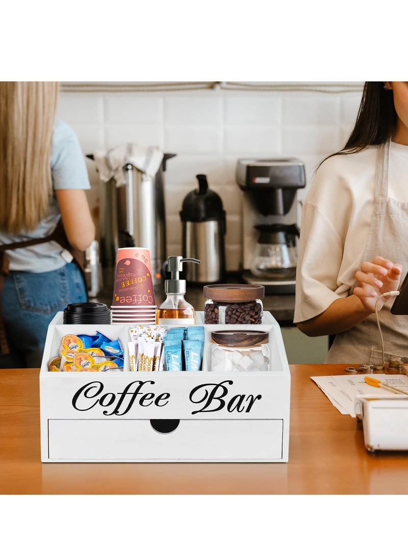 XiuWoo Coffee Bar Organizer Countertop, Wooden Coffee Bar Accessories Organizer With Drawer, Coffee Station Organizer Coffee Pods Holder Storage Basket, Farmhouse Coffee and Tea Condiment Organizer Station - Image 4