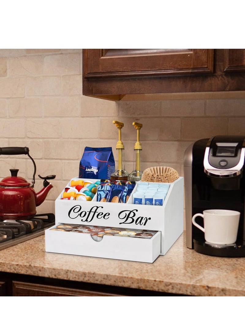 XiuWoo Coffee Bar Organizer Countertop, Wooden Coffee Bar Accessories Organizer With Drawer, Coffee Station Organizer Coffee Pods Holder Storage Basket, Farmhouse Coffee and Tea Condiment Organizer Station - Image 5