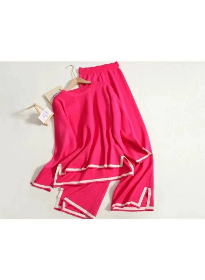 Women Asymmetrical Soft Pullover 2 Piece Set High Waist Wide Leg Pants Casual