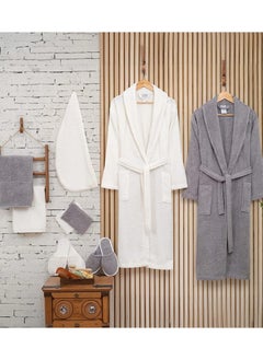 Melen Riviera Turkish Cotton Bathrobe Set 11 Pieces - Gray - sugar 