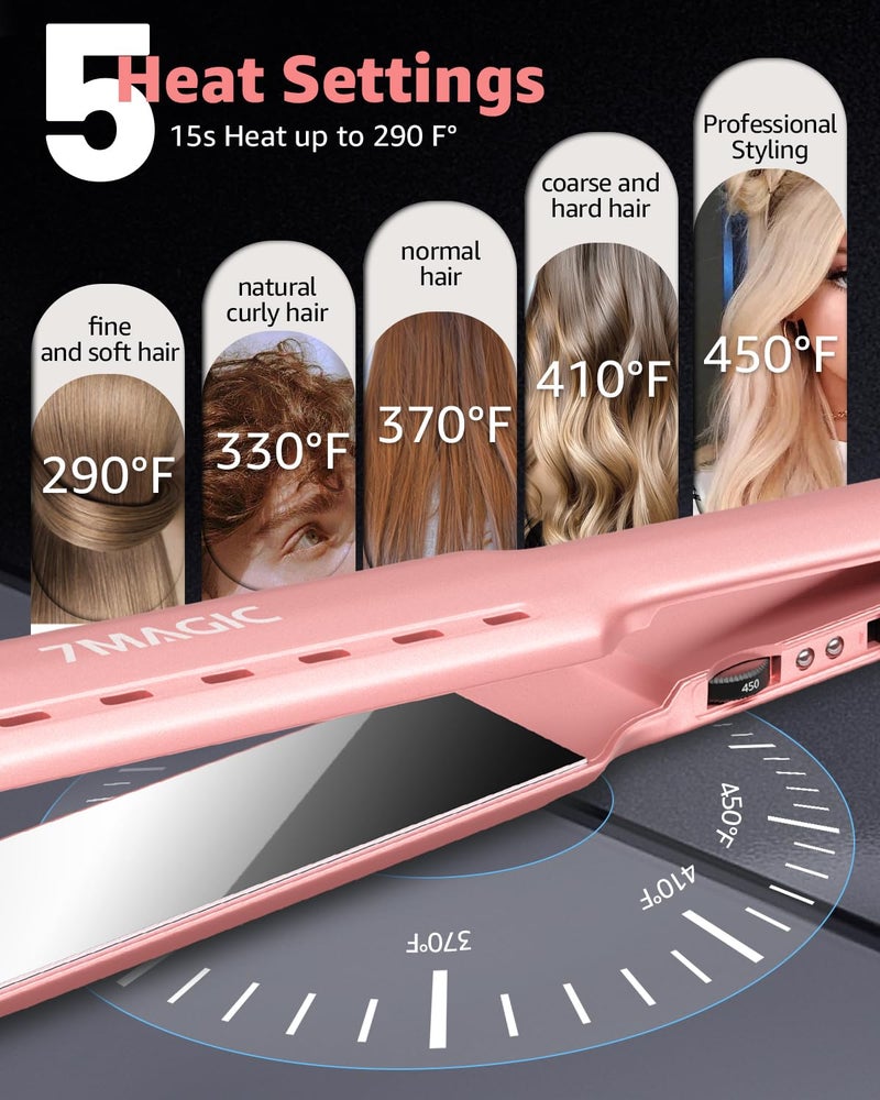 7MAGIC 1.7" Wide Hair Straightener, Nano Titanium Flat Iron for Wet & Dry Hair, Flat Iron Hair Straightener with 5 Temp, MCH Fast Straightening Iron, Hair Iron with Dual Voltage, Pink - Image 3