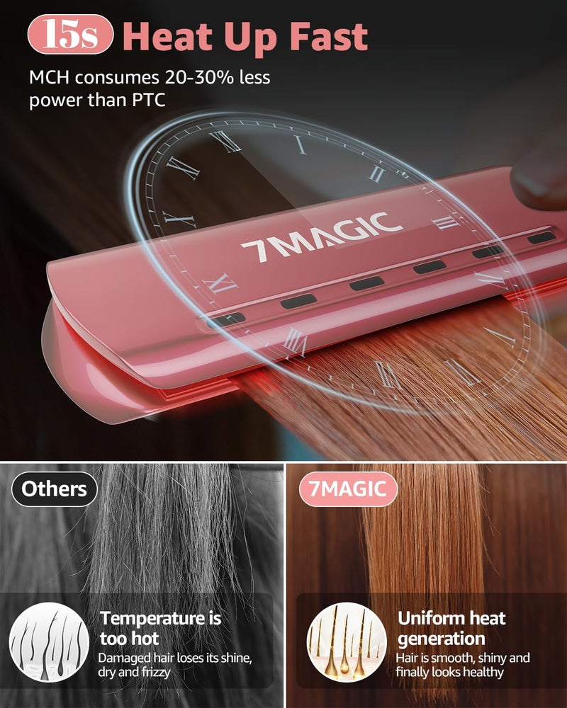 7MAGIC 1.7" Wide Hair Straightener, Nano Titanium Flat Iron for Wet & Dry Hair, Flat Iron Hair Straightener with 5 Temp, MCH Fast Straightening Iron, Hair Iron with Dual Voltage, Pink - Image 2