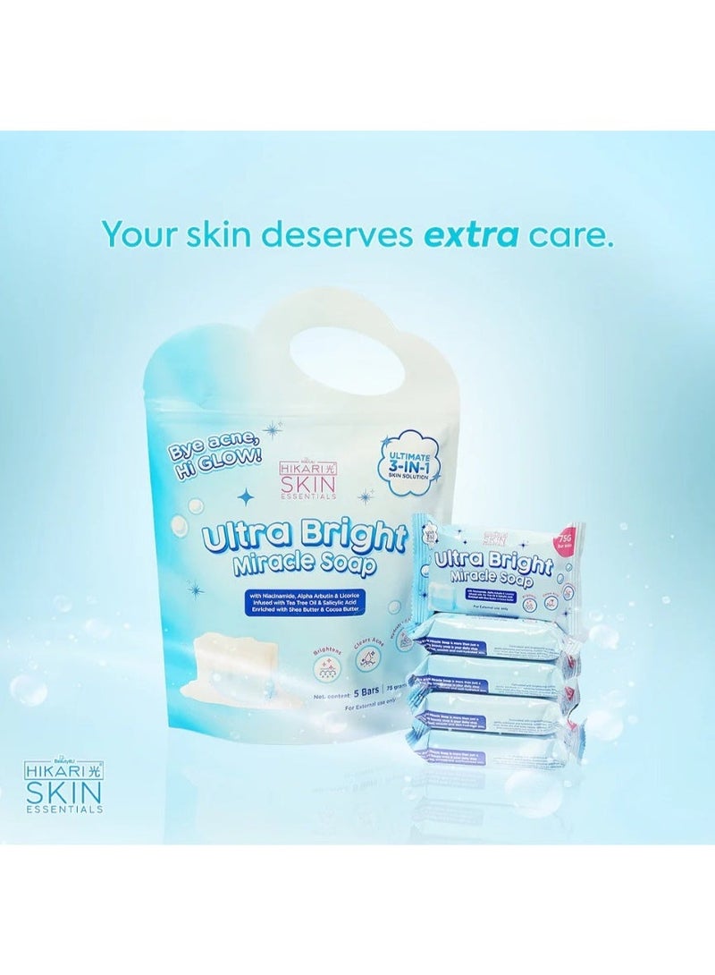 Hikari Ultra Bright Miracle Soap 5 Bars x 75g with Niacinamide Alpha Arbutin, Brightening Acne Care Face & Body Soap for Dark Spots Clear Skin - Image 1