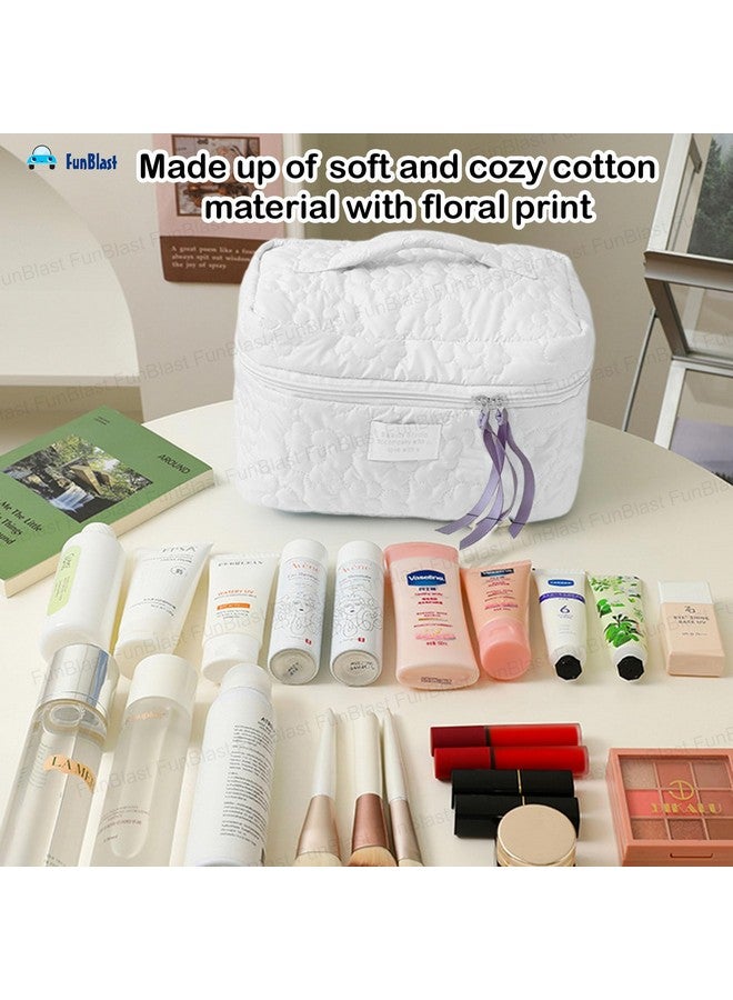 FunBlast Makeup Bag Travel Cosmetic Bag Cute Cotton Toiletry Bag Quilted Flower Organizer Bag Large Capacity Handheld Portable Storage Zipper Purse for Women (White) - Image 4