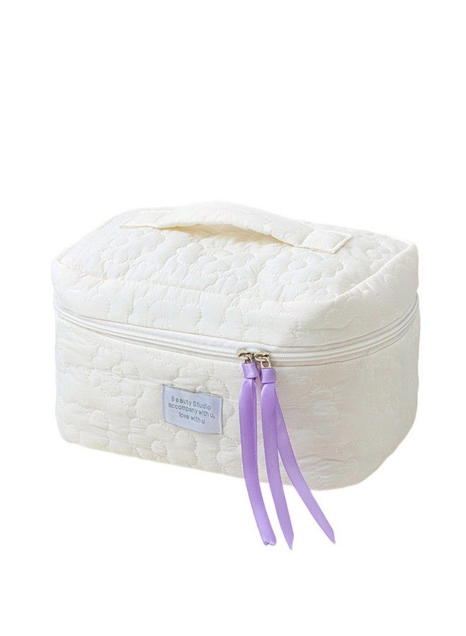 FunBlast Makeup Bag Travel Cosmetic Bag Cute Cotton Toiletry Bag Quilted Flower Organizer Bag Large Capacity Handheld Portable Storage Zipper Purse for Women (White) - Image 1