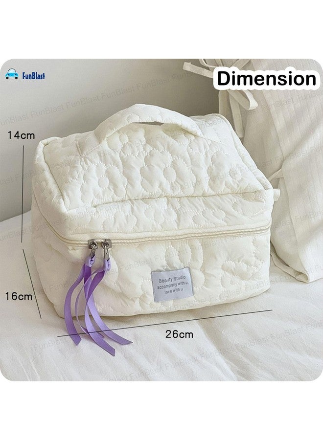 FunBlast Makeup Bag Travel Cosmetic Bag Cute Cotton Toiletry Bag Quilted Flower Organizer Bag Large Capacity Handheld Portable Storage Zipper Purse for Women (White) - Image 3