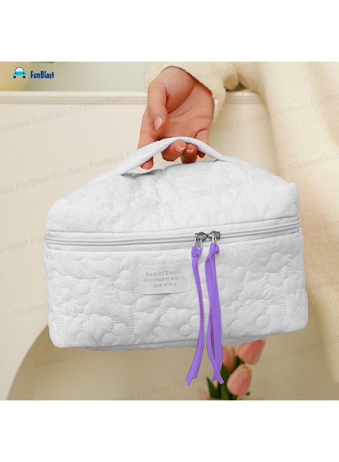 FunBlast Makeup Bag Travel Cosmetic Bag Cute Cotton Toiletry Bag Quilted Flower Organizer Bag Large Capacity Handheld Portable Storage Zipper Purse for Women (White) - Image 2