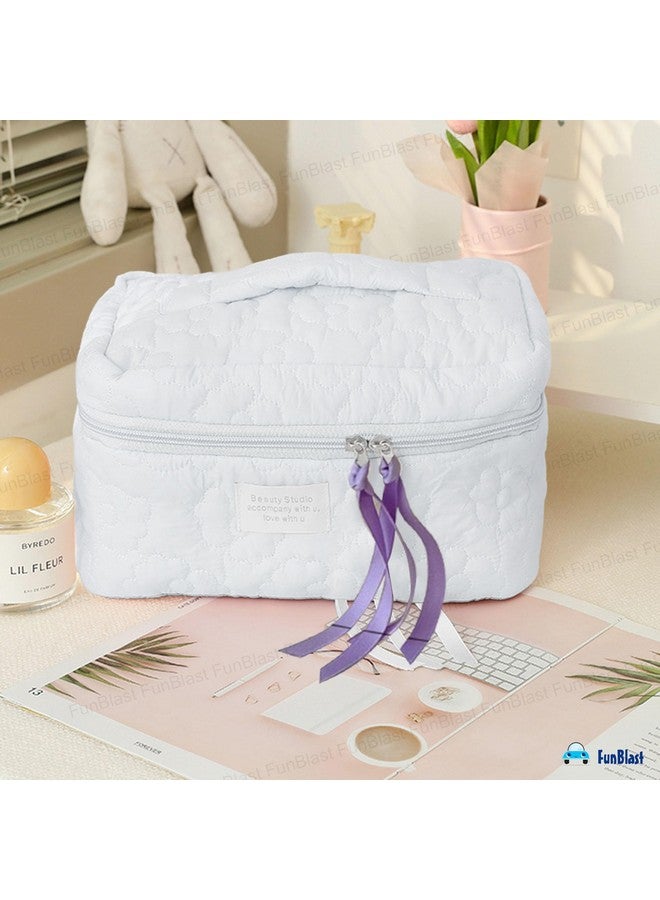 FunBlast Makeup Bag Travel Cosmetic Bag Cute Cotton Toiletry Bag Quilted Flower Organizer Bag Large Capacity Handheld Portable Storage Zipper Purse for Women (White) - Image 5