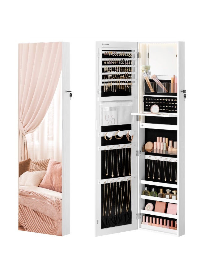 SONGMICS Jewellery Cabinet 140 cm High, Jewellery Organiser with Illuminated Interior Mirror, Mirror Cabinet Wall or Door Mounted, Lockable, Gift Idea, Cloud White - Image 1