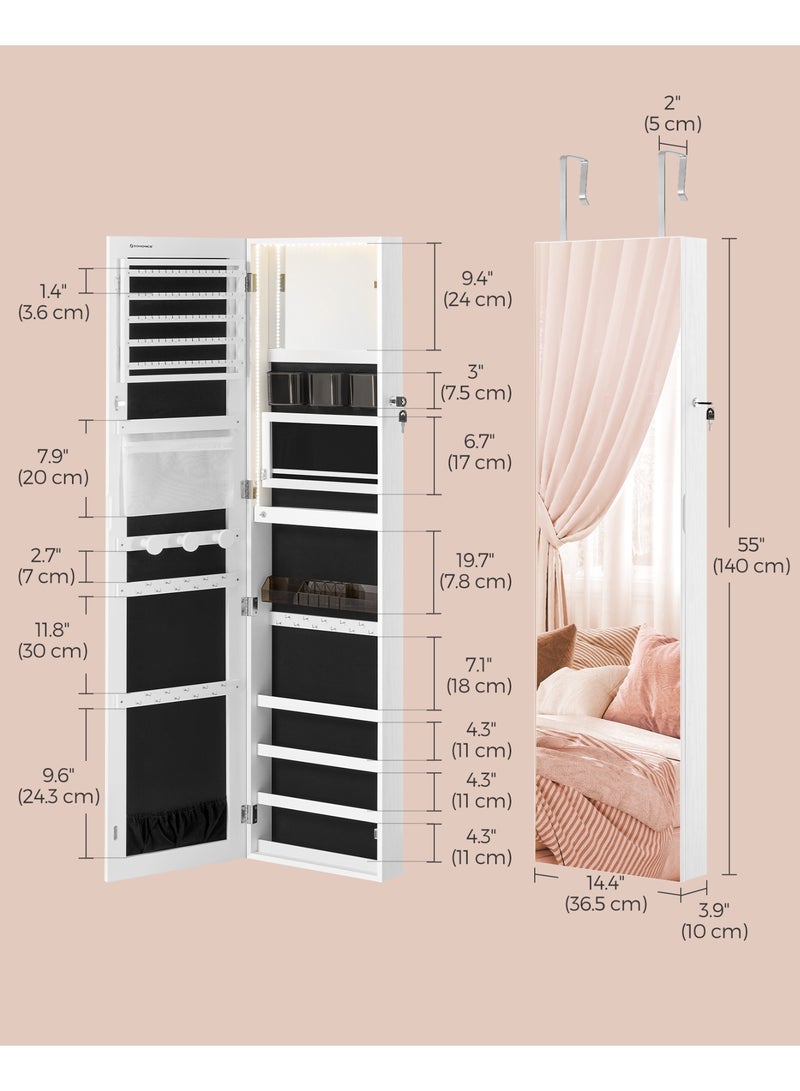 SONGMICS Jewellery Cabinet 140 cm High, Jewellery Organiser with Illuminated Interior Mirror, Mirror Cabinet Wall or Door Mounted, Lockable, Gift Idea, Cloud White - Image 5