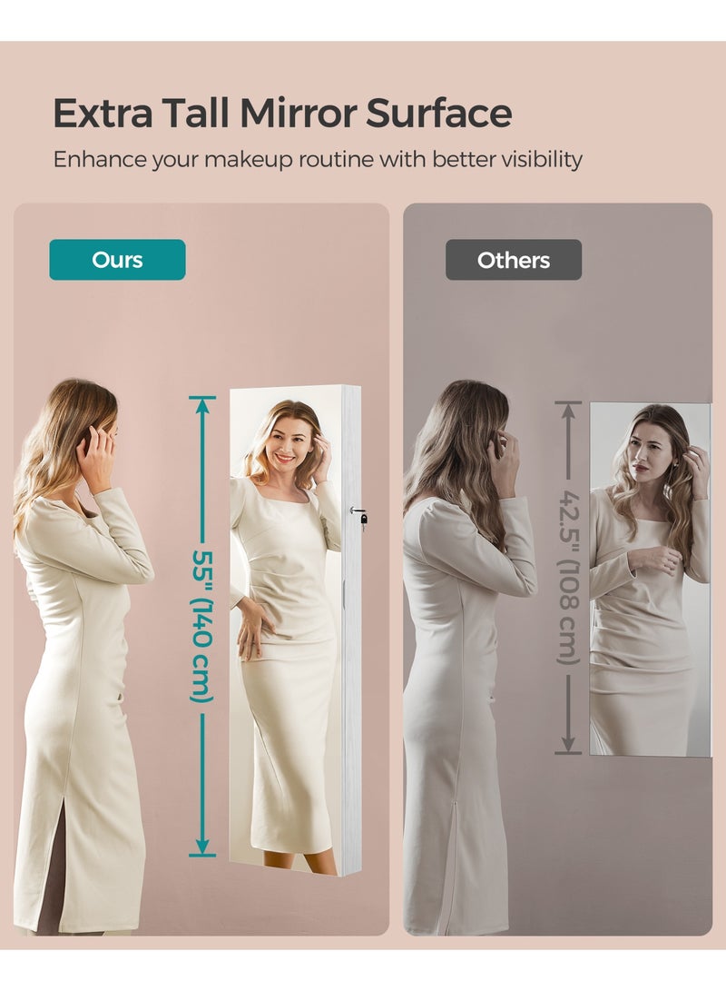 SONGMICS Jewellery Cabinet 140 cm High, Jewellery Organiser with Illuminated Interior Mirror, Mirror Cabinet Wall or Door Mounted, Lockable, Gift Idea, Cloud White - Image 3