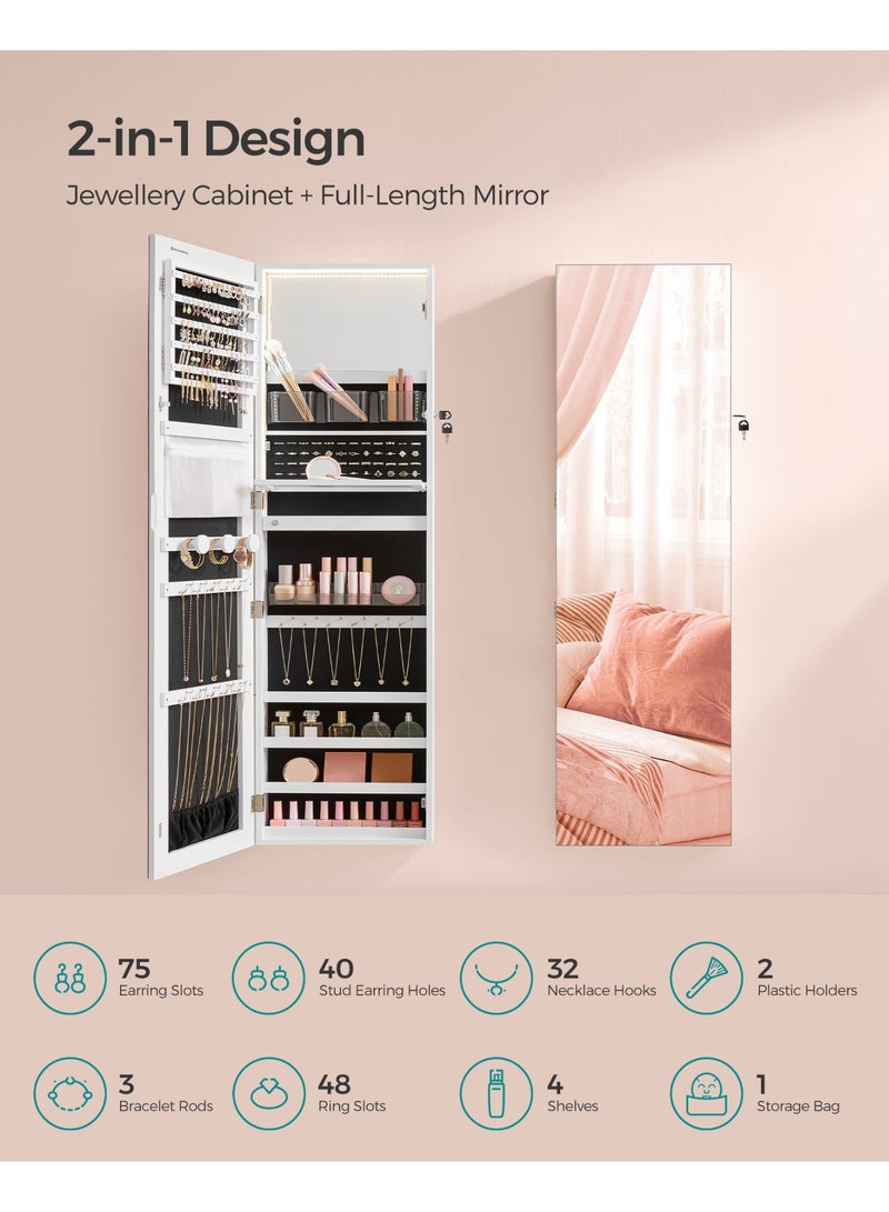 SONGMICS Jewellery Cabinet 140 cm High, Jewellery Organiser with Illuminated Interior Mirror, Mirror Cabinet Wall or Door Mounted, Lockable, Gift Idea, Cloud White - Image 4
