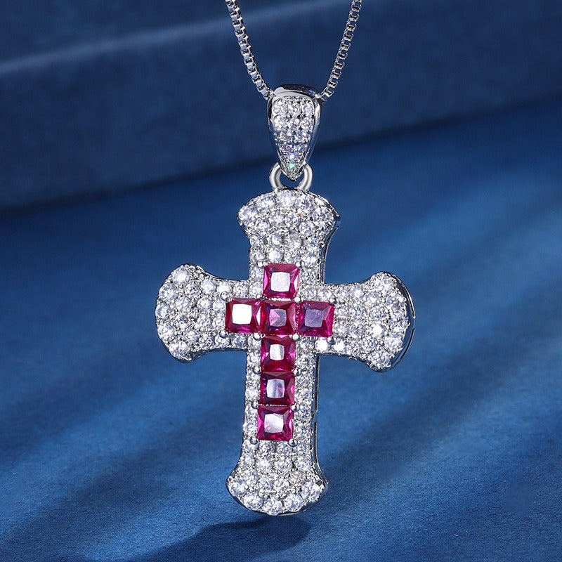 Zhuangsheng Jewelry Copper Gold-Plated Cross Pendant Necklace for Women, Fashionable Simulated Gemstone Design, Adjustable Open Ring, 5x5mm