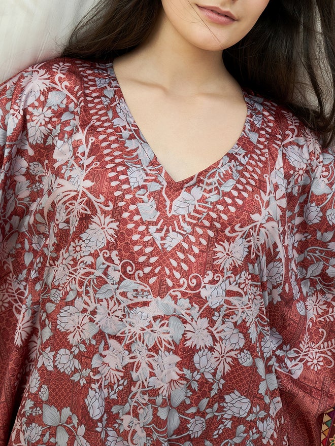 The Kaftan Company Brown Satin Floral Printed Kaftan Nightdress with Pockets - Image 4